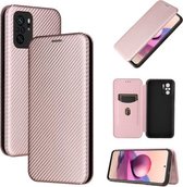 Voor Xiaomi Redmi Note 10S Koolstofvezel Textuur Magnetische Horizontale Flip TPU + PC + PU lederen tas met kaartsleuf (roze)