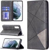 Voor Samsung Galaxy S21 FE Rhombus Texture Horizontale Flip Magnetische Leren Case met Houder & Kaartsleuven & Portemonnee (Zwart)