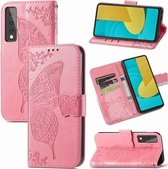 Voor LG Stylo 7 Butterfly Love Flower Reliëf Horizontale Flip Leather Case met Bracket & Card Slot & Wallet & Lanyard (Pink)