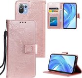 Voor xiaomi mi 11 lite totem bloem reliëf horizontale flip tpu + pu lederen tas met houder & kaartsleuven & portemonnee (rose goud)