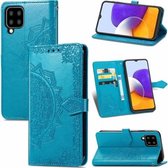 Voor Samsung Galaxy A22 4G Mandala Embossing Patroon Horizontale Flip Leren Case met Houder & Kaartsleuven & Portemonnee & Lanyard (Blauw)