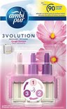 Ambi Pur 3Volution navulling Vleugje Bloesem met 3 roze, paarse en lila inserts. Verpakking met bloemen.