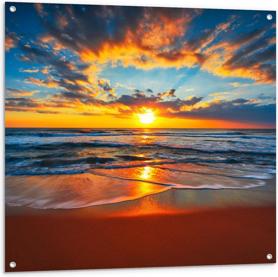 Tuinposter – Zon zakkend in de Zee - 100x100cm Foto op Tuinposter  (wanddecoratie voor buiten en binnen)