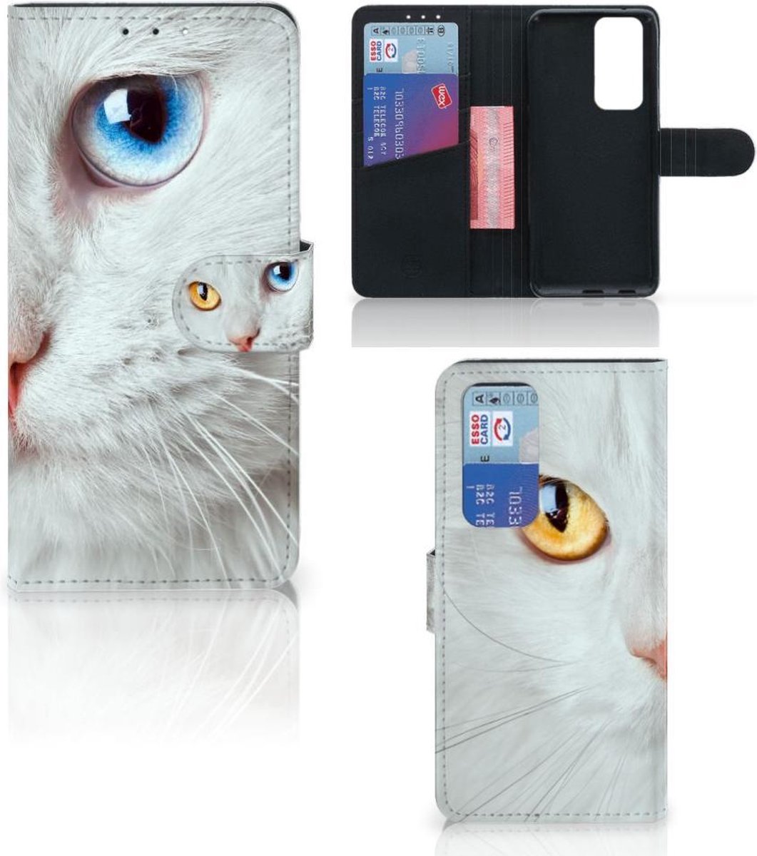 OPPO Find X3 Neo 5G Telefoonhoesje met Pasjes Witte Kat