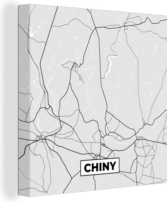 Canvas Schilderij België – Chiny – Stadskaart – Kaart – Zwart Wit – Plattegrond - 20x20 cm - Wanddecoratie