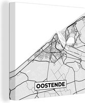 Canvas Schilderij Kaart – Plattegrond – Stadskaart – Oostende – België – Zwart Wit - 90x90 cm - Wanddecoratie