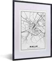 Fotolijst incl. Poster Zwart Wit- Stadskaart – Plattegrond – België – Zwart Wit – Halle – Kaart - 30x40 cm - Posterlijst