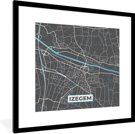 Fotolijst incl. Poster - Plattegrond – Izegem – Blauw – Stadskaart - Kaart - 40x40 cm - Posterlijst