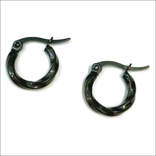 Aramat jewels ® - Gedraaide oorringen 15mm x 2,5mm zwart staal