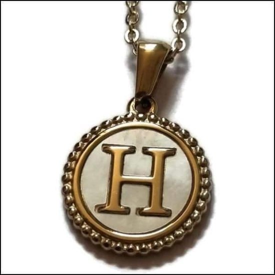 Aramat jewels -ketting-letter h- chirurgisch staal -wit- schelp - goudkleurig-45cm - dames- rond