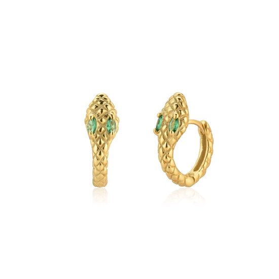 Goldplated mini oorringetjes slang groen 10mm 925 zilver - Aramat Jewels Trendlijn - Oorknopjes - Slangenstijl - Goldplated Zilver - Groene Zirkonia - Boho Chic - Ideaal Cadeau