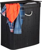 Relaxdays 1x wasmand met deksel - 2 vakken - bamboe wasbox - mand voor wasgoed - zwart