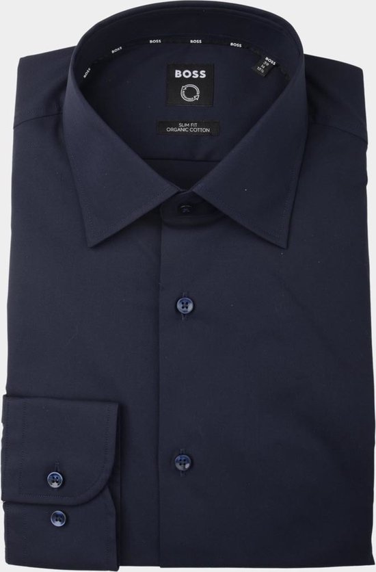 BOSS Hank slim fit overhemd - popeline - blauw - Strijkvriendelijk - Boordmaat: 40