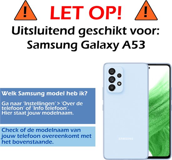 Vue latérale d'un téléphone Samsung Galaxy A53 bleu clair avec le texte 'ATTENTION! Uniquement adapté pour: Samsung Galaxy A53'.