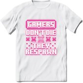 Gamers don't die pixel T-shirt | Neon Roze | Gaming kleding | Grappig game verjaardag cadeau shirt Heren – Dames – Unisex | - Wit - XXL