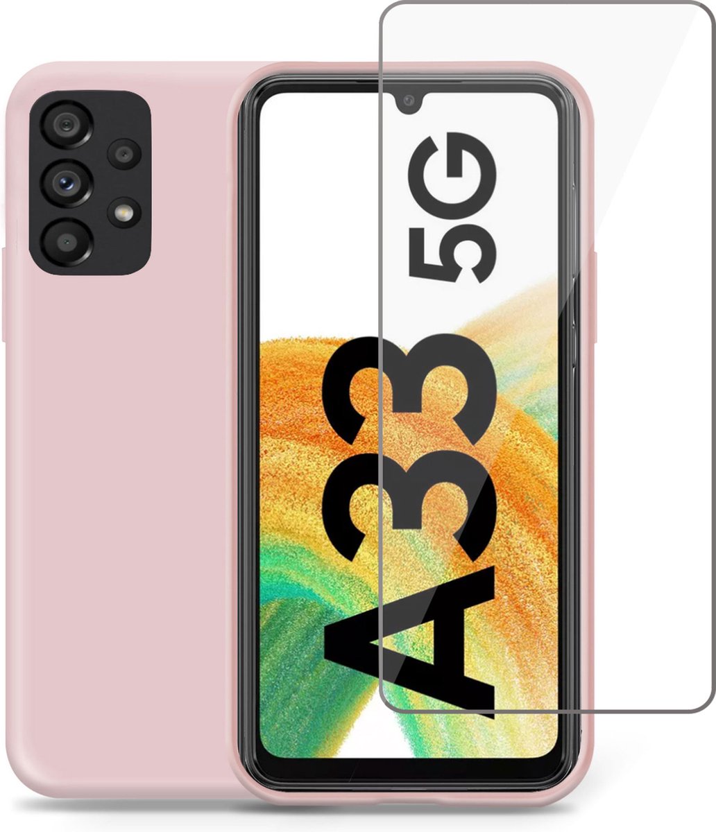 Geschikt voor Samsung A33 5G Hoesje + Screenprotector – Gehard Glas Cover - Suède Case Rose