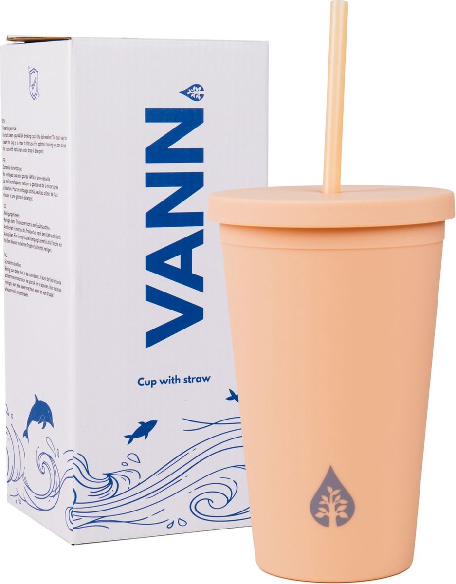 Beker met rietje en deksel starbucks milkshake beker voor take away – herbruikbare plastic drinkbeker creme 500ml - VANN