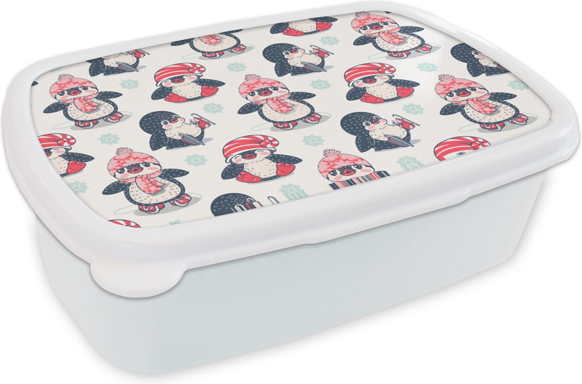 Broodtrommel Wit - Lunchbox - Brooddoos - Schaatsen - Patronen - Pinguïn - 18x12x6 cm - Volwassenen
