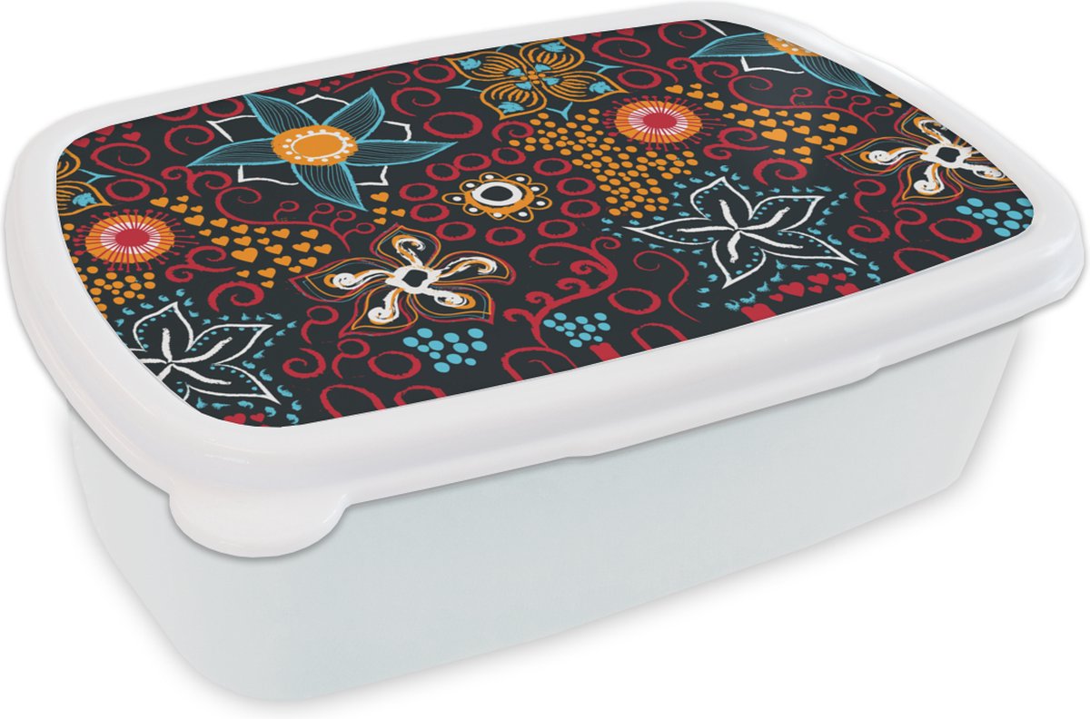 Broodtrommel Wit - Lunchbox - Brooddoos - Bloemen - Rood - Patronen - 18x12x6 cm - Volwassenen