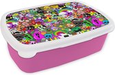 Broodtrommel Roze - Lunchbox - Brooddoos - Tieners - Monster - Doodle - Patronen - 18x12x6 cm - Kinderen - Meisje