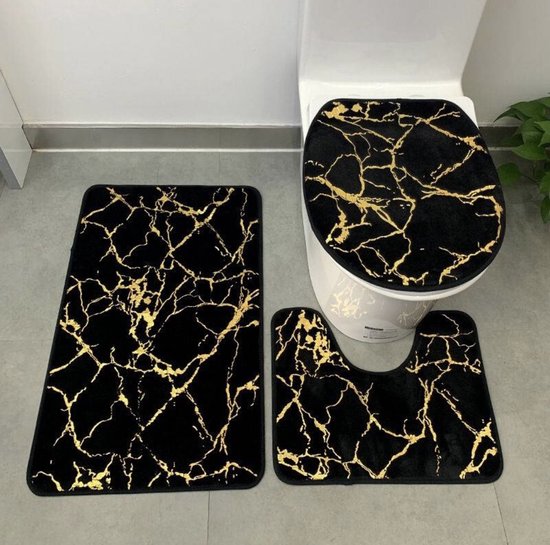 Luxe badmat- Badmatten set - Wc mat - Toiletbril hoes - Toiletmat - Badkamer mat - Zwart met goud - Antislip - Zacht - Kwaliteitsmat - 50X80