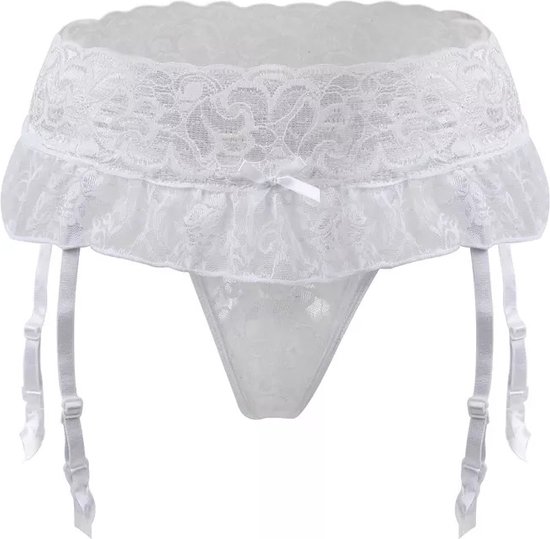 Porte-jarretelles en kanten Witte avec bas ouvert à l'entrejambe | taille 46/48 | Ensemble de lingerie sexy