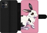 Bookcase Geschikt voor iPhone 11 telefoonhoesje - Konijn met roze achtergrond - Met vakjes - Wallet case met magneetsluiting