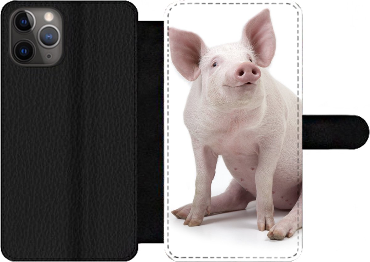 Telefoonhoesje Geschikt voor iPhone 11 Pro Max telefoonhoesje - Varken - Boerderijdieren - Wit - Met vakjes - Wallet case met magneetsluiting