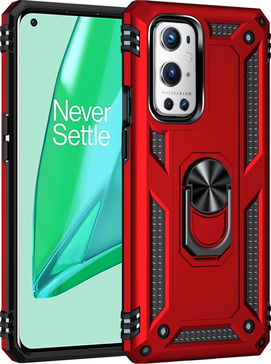 Mobigear Hoesje geschikt voor OnePlus 9 Pro Telefoonhoesje Hardcase | Mobigear Armor Ring Backcover Shockproof met Ringhouder | Schokbestendig 9 Pro Telefoonhoesje | Anti Shock Proof - Rood