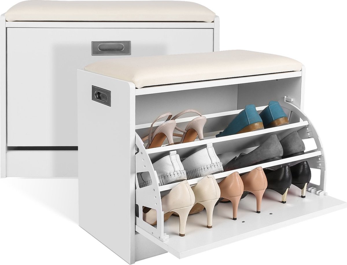 Schoenenrek - schoenenkast - schoenenbank met zitkussen - schoenenbank - wit/grijs
