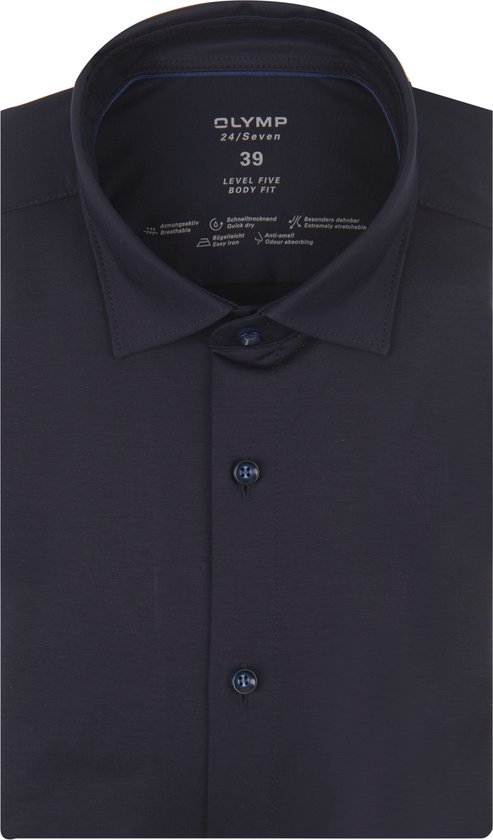 OLYMP Level 5 24/Seven body fit overhemd - marine blauw tricot - Strijkvriendelijk - Boordmaat: 44