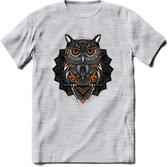 Uil - Dieren Mandala T-Shirt | Oranje | Grappig Verjaardag Zentangle Dierenkop Cadeau Shirt | Dames - Heren - Unisex | Wildlife Tshirt Kleding Kado | - Licht Grijs - Gemaleerd - XL