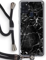 Case Company® - Samsung Galaxy A21s hoesje met Koord - Zwart Marmer - Telefoonhoesje met Zwart Koord - Bescherming aan alle Kanten en Over de Schermrand