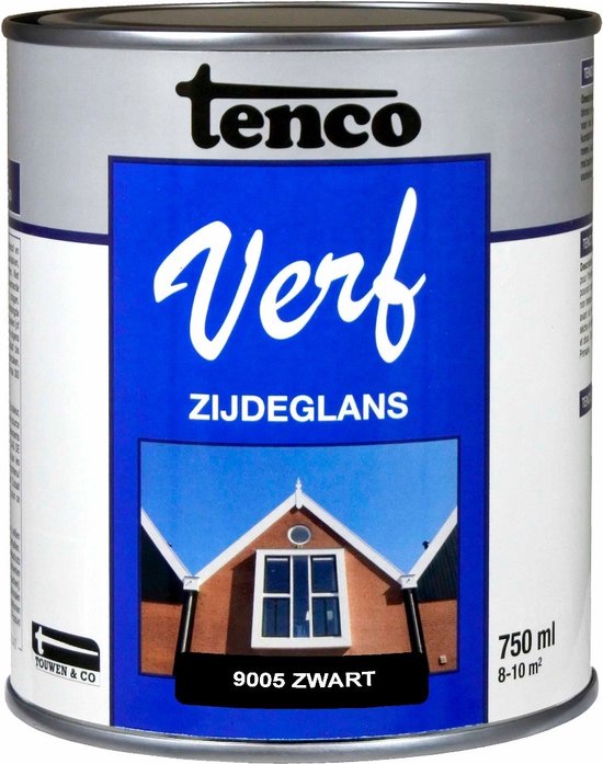 Tenco Verf Zijdeglans 9005 Zwart, 750 ml blik met een afbeelding van een huis met zwart geschilderde dakranden en kozijnen.