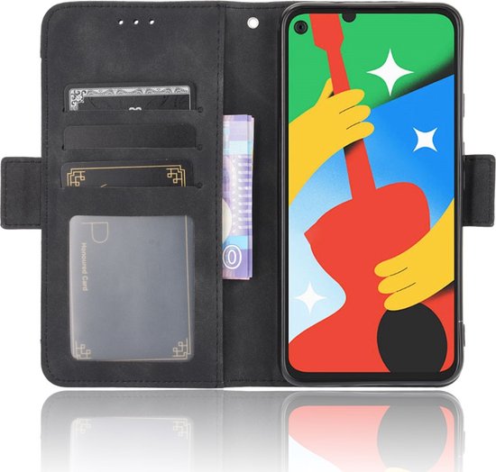 Zwarte portemonnee case open met telefoonhoesje, kaarthouders en geldspleet.