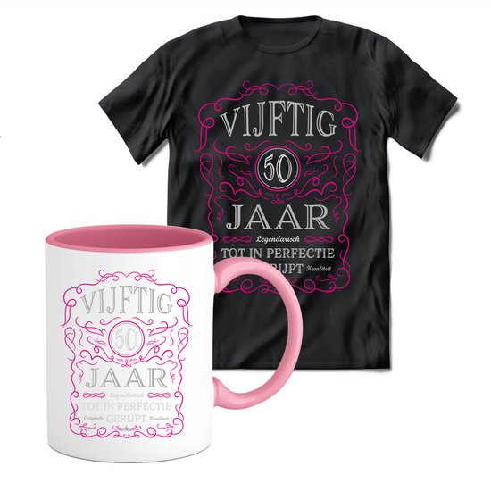 Foto: 50 jaar legendarisch gebrouwen t shirt met mok giftset roze verjaardag cadeau pakket set grappig abraham en sarah feest shirt heren dames unisex kleding koffie en thee mok maat l