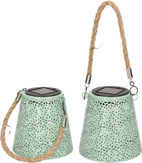 2x stuks solar hanglamp groen metaal indoor/outdoor 12 cm – Verlichting geschikt voor buiten – Tuinverlichting