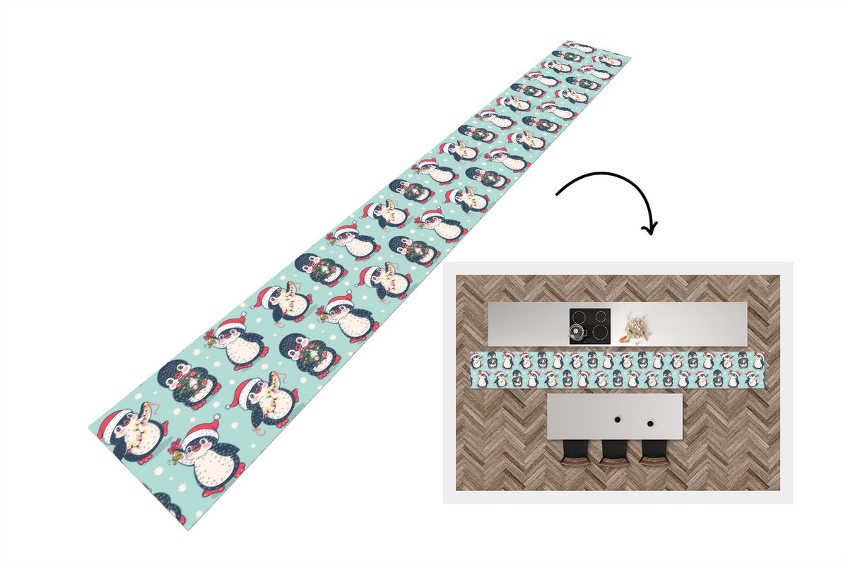 KitchenYeah Keukenloper - Keukenmat - Pinguïn - Lichtsnoer - Kerstkrans - Patronen - 480x60 cm - Keuken vloerkleed Multicolor