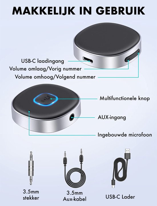 DynaBright Bluetooth Receiver - BT 5.0 - 3.5MM AUX - Bluetooth Ontvanger - Handsfree Bellen - Bluetooth Audio Receiver