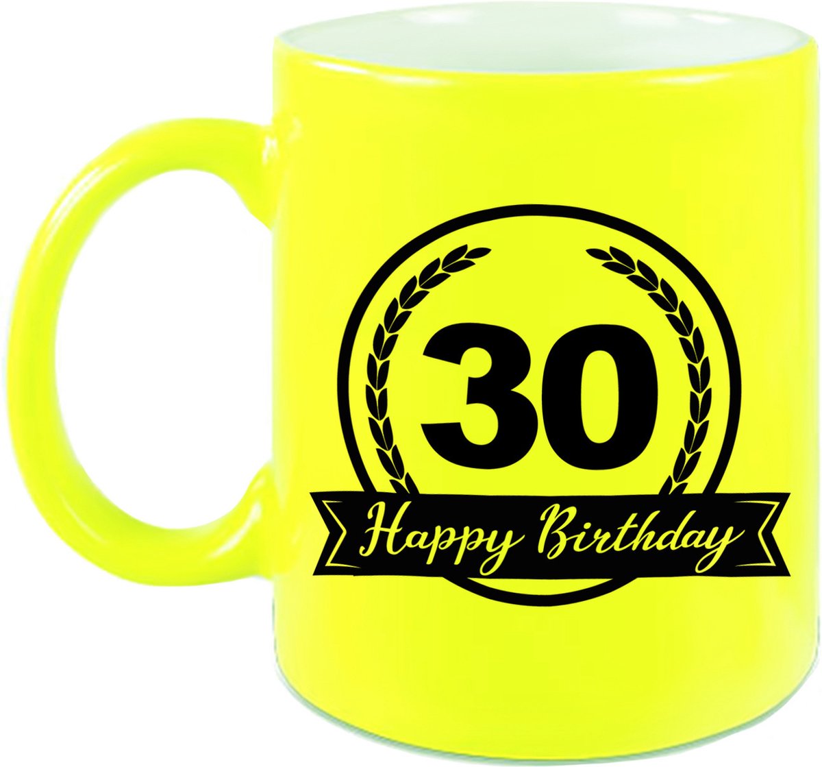 Happy Birthday 30 years cadeau mok / beker met wimpel - 330 ml - neon geel - verjaardagscadeau