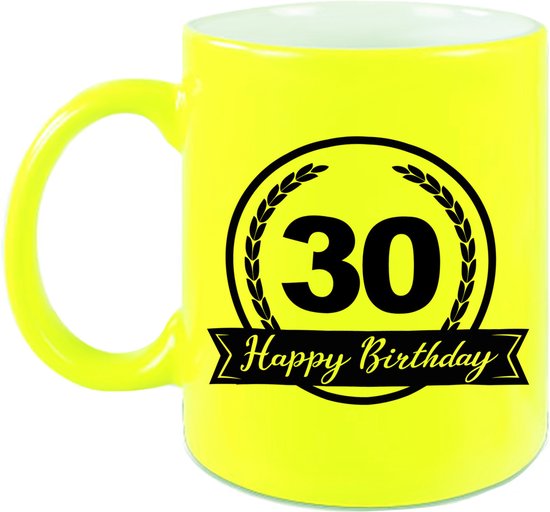 Foto: Happy birthday 30 years cadeau mok beker met wimpel 330 ml neon geel verjaardagscadeau