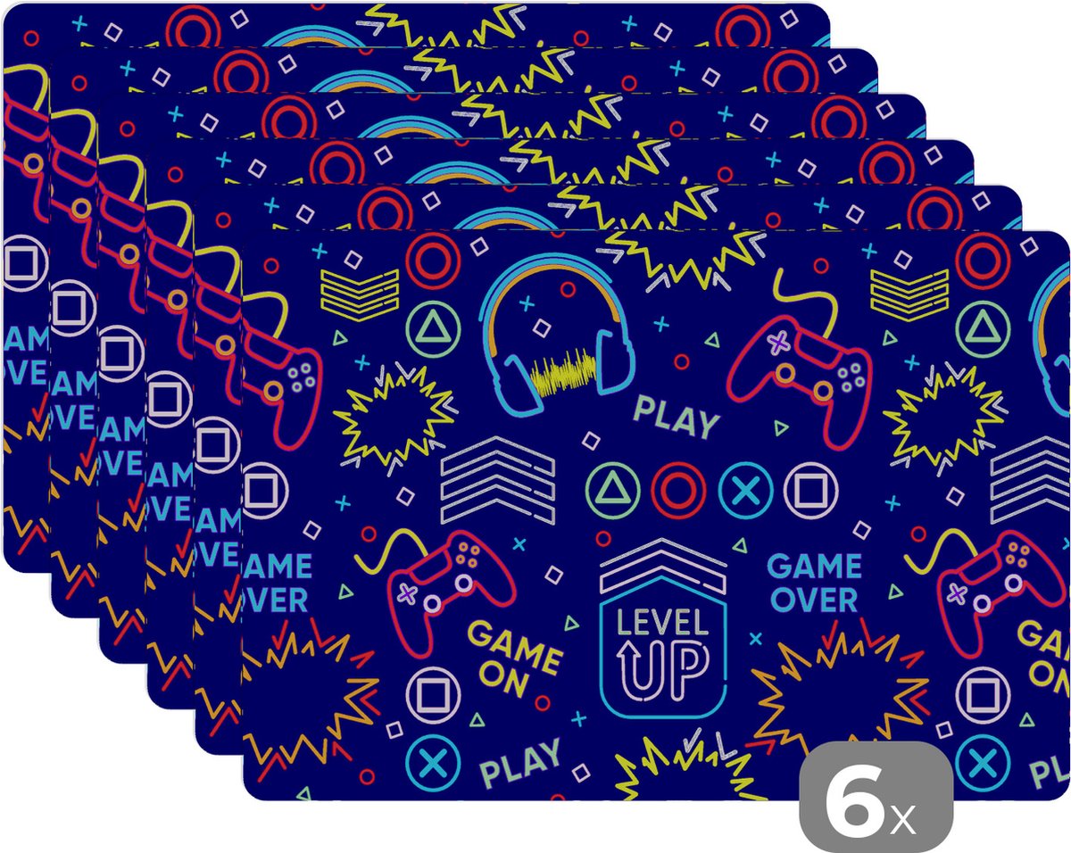 Placemat - Placemats kunststof - Gaming - Neon - Koptelefoon - Design - 45x30 cm - 6 stuks - Hittebestendig - Anti-Slip - Onderlegger - Afneembaar