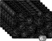 Placemat - Placemats kunststof - Rozen - Zwart Wit - Patroon - 45x30 cm - 6 stuks - Hittebestendig - Anti-Slip - Onderlegger - Afneembaar