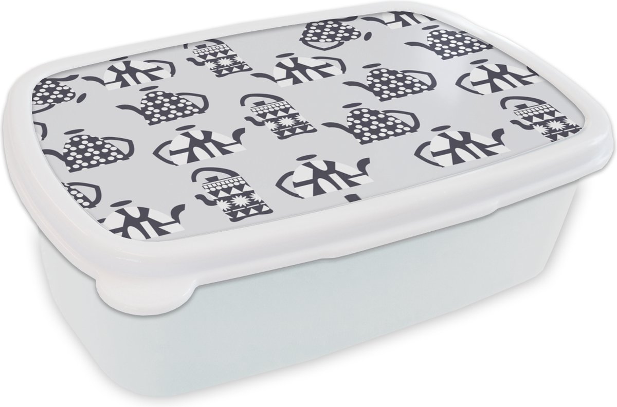 Broodtrommel Wit - Lunchbox - Brooddoos - Theepot - Patronen - Thee - 18x12x6 cm - Volwassenen