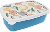Broodtrommel Blauw - Lunchbox - Brooddoos - Fruit - Vintage - Keuken - Patronen - 18x12x6 cm - Kinderen - Jongen