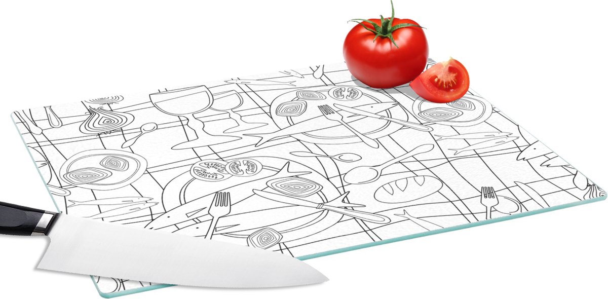 Glazen Snijplank - 39x28 - Vis - Patronen - Zwart Wit - Snijplanken Glas