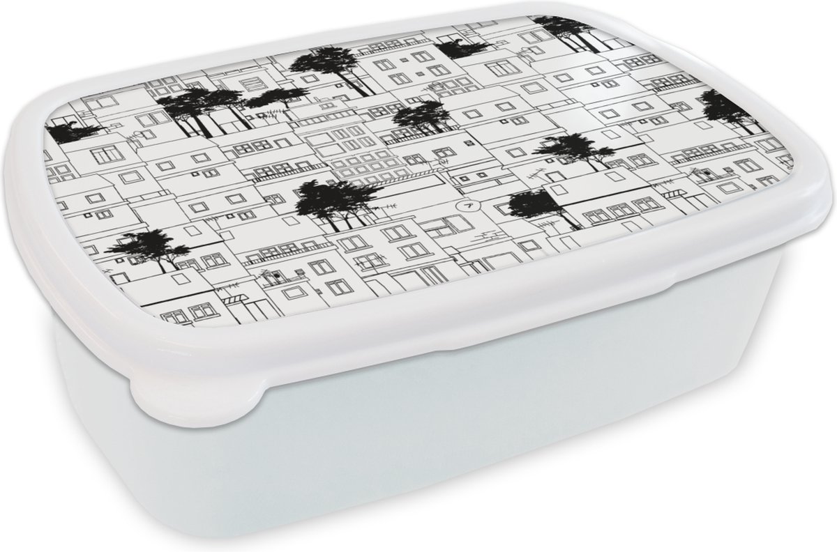 Broodtrommel Wit - Lunchbox - Brooddoos - Patronen - Bomen - Huis - 18x12x6 cm - Volwassenen