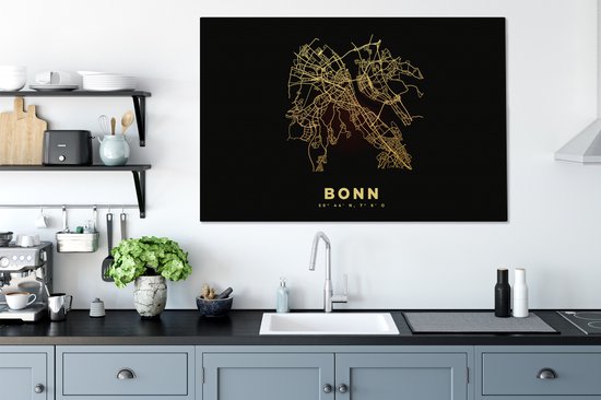Canvas schilderij 140x90 cm - Wanddecoratie Kaart - Bonn - Goud - Stadskaart - Plattegrond - Muurdecoratie woonkamer - Slaapkamer decoratie - Kamer accessoires - Schilderijen