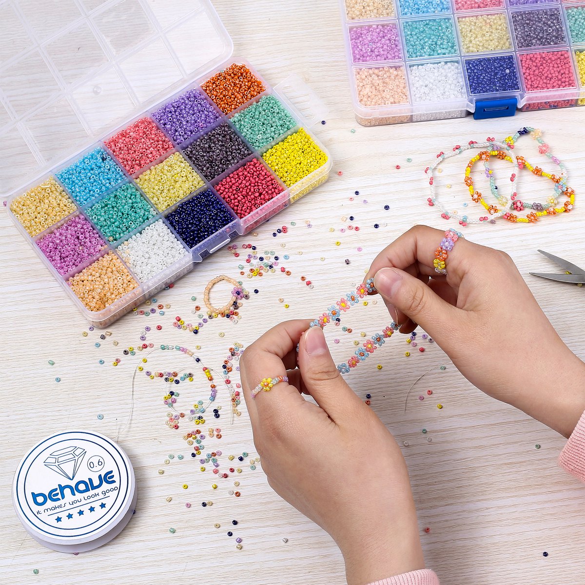 Behave 15000 Glaskralen Set - DIY Sieraden maken - Kralen Set - Rocailles - Rijgdraad - 15 Pastel Kleuren - 2mm — afbeelding 12
