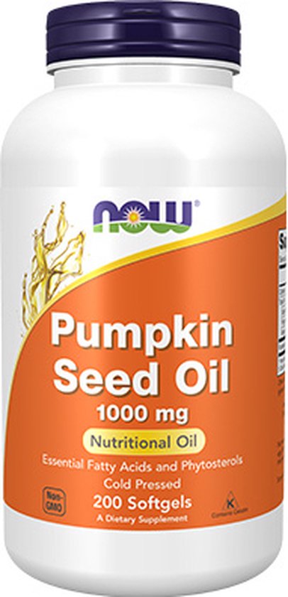 Flesje Now Foods Pompoenpitolie 1000 mg, 200 softgels, met een afbeelding van pompoenzaden en olie.